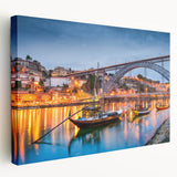 Porto, Portugal cityscape on large stretched canvas with bright blue and white tones, suitable for kitchen wall art.