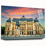 Large abstract art print of a Romanian landscape in muted greens and blues on acrylic glass.