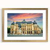 Abstract art print of a European scenery in Romania, featuring muted earth tones on a framed gold mat.
