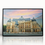 Large abstract wall art depicting a European Romanian scenery in muted earth tones on a framed acrylic print.