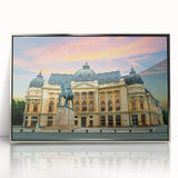 Acrylic print of a Romanian landscape in muted earth tones, framed in silver, suitable for modern art wall decor.