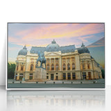 Mid-century modernist art depicting a European landscape in Romania with muted earth tones on a framed acrylic print.