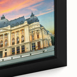 Extra large framed canvas featuring a textured depiction of a Romanian landscape in black with colorful accents.