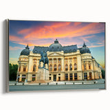 Framed canvas landscape art painting featuring a vintage Romanian scene in colorful hues, ideal for living room decor.