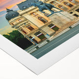 Art deco poster of a Romanian landscape in muted earth tones on rolled canvas, suitable for dining room decor.