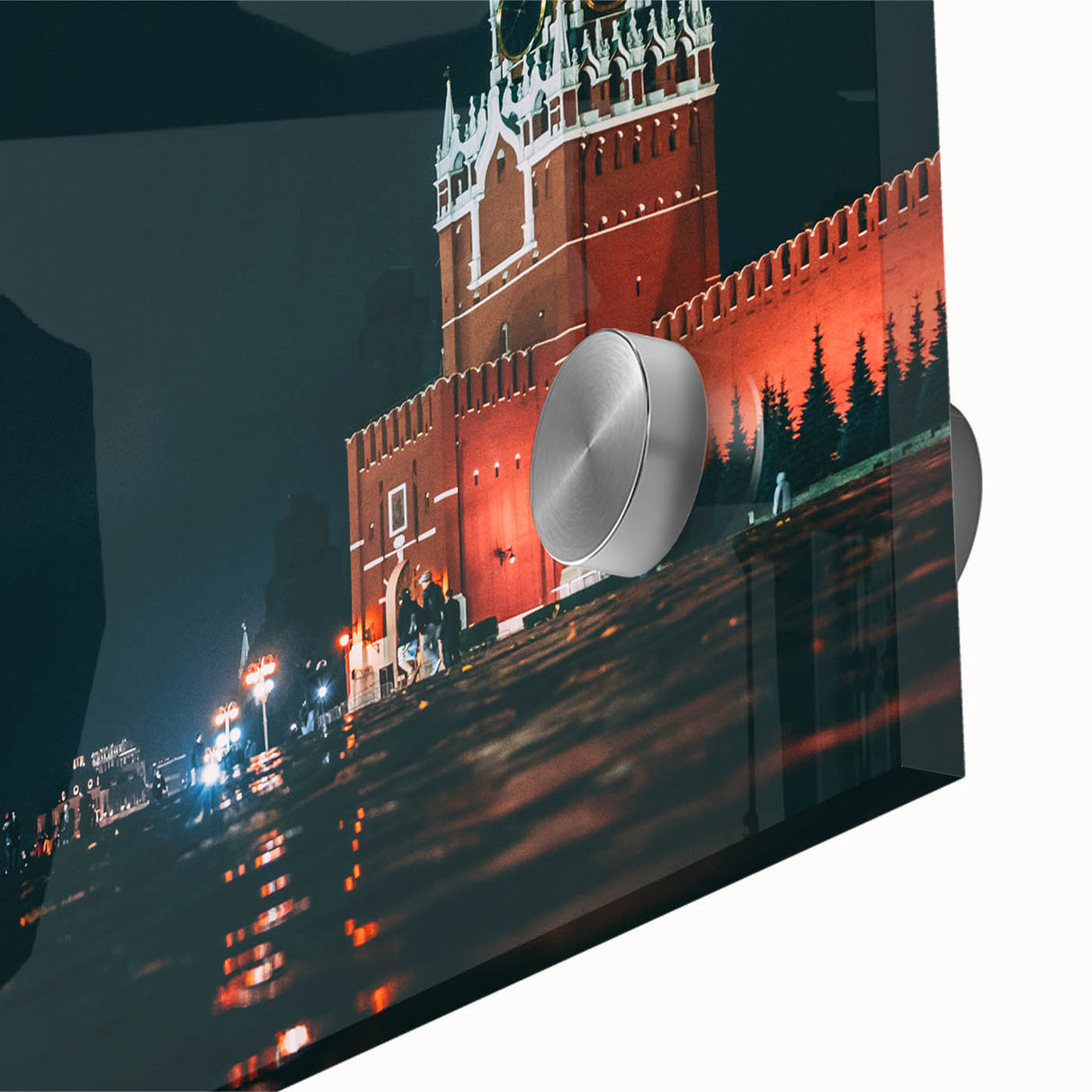 Large abstract wall art of the Moscow skyline in muted gray and blue tones on acrylic glass, ideal for dining room art.