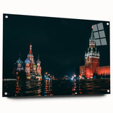 Acrylic print of a Moscow cityscape in muted gray and blue tones, ideal for dining room decor.