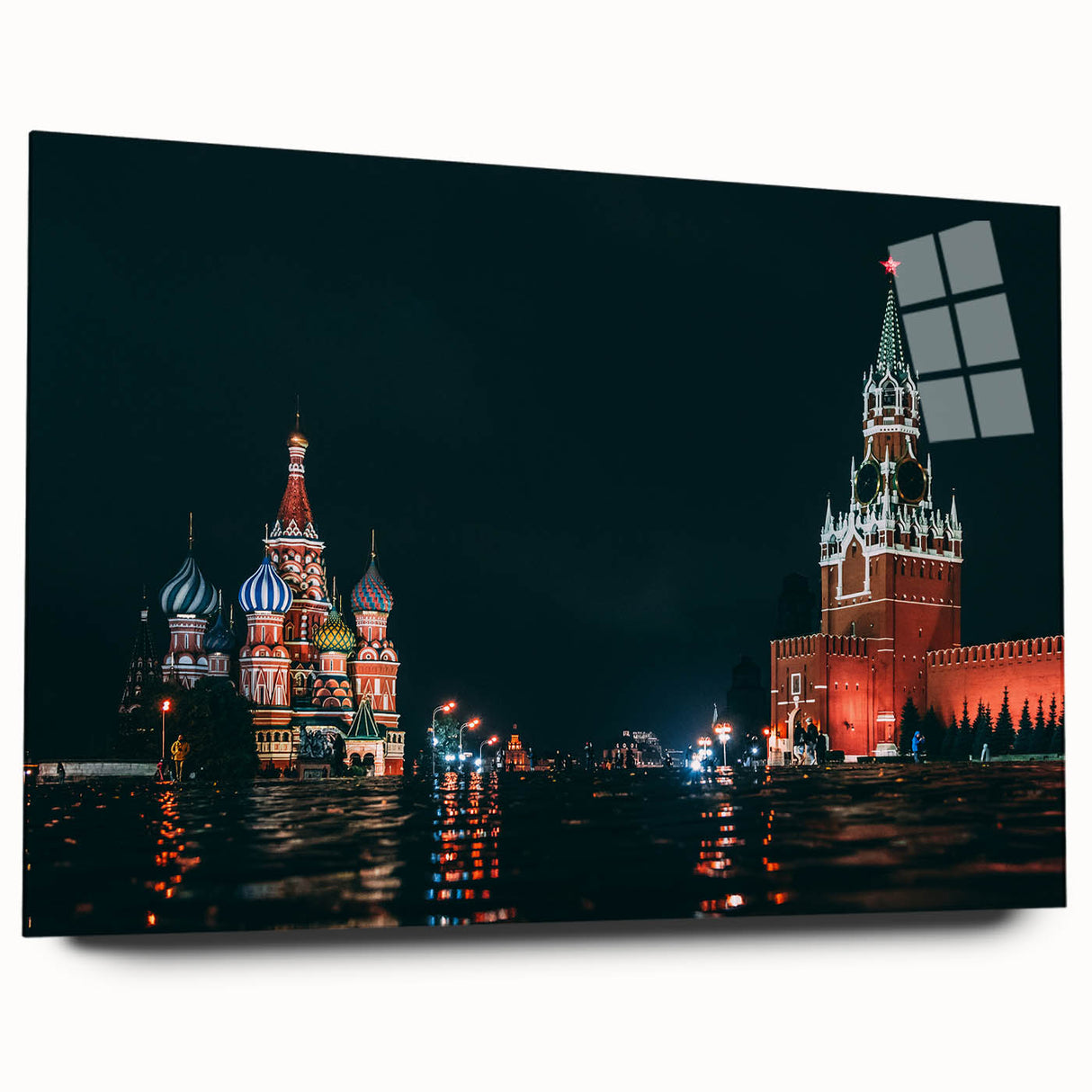 Large abstract depiction of Moscow skyline in muted gray hues on acrylic glass, suitable for bedroom or dining room decor.
