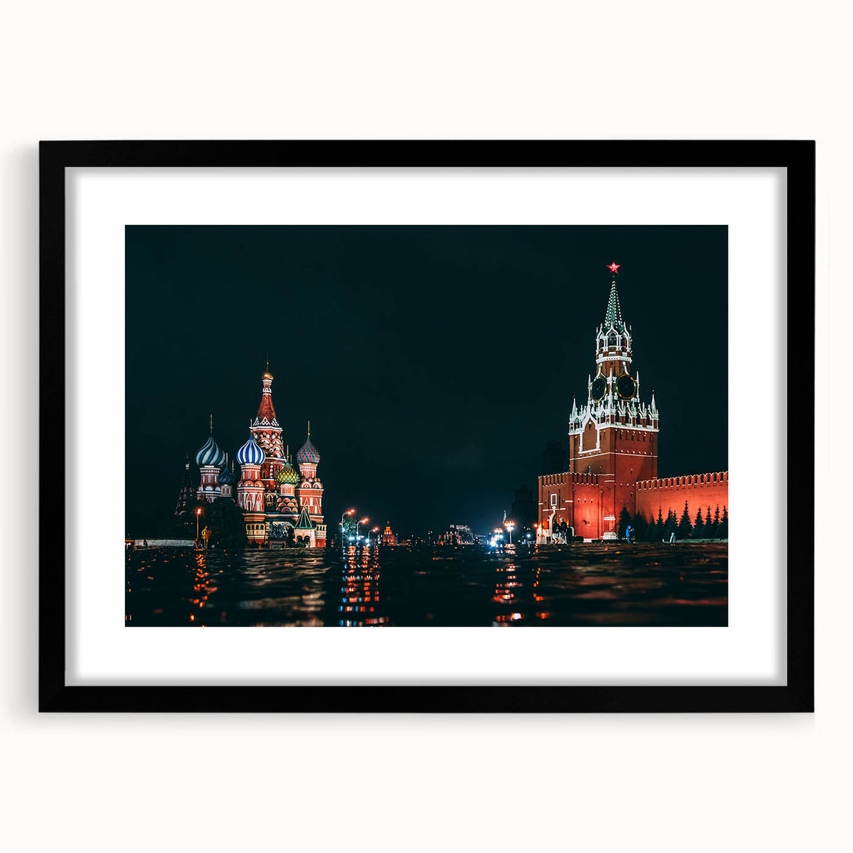 Extra large abstract art print of colorful Moscow skyline on textured canvas, framed in black, ideal for living room decor.
