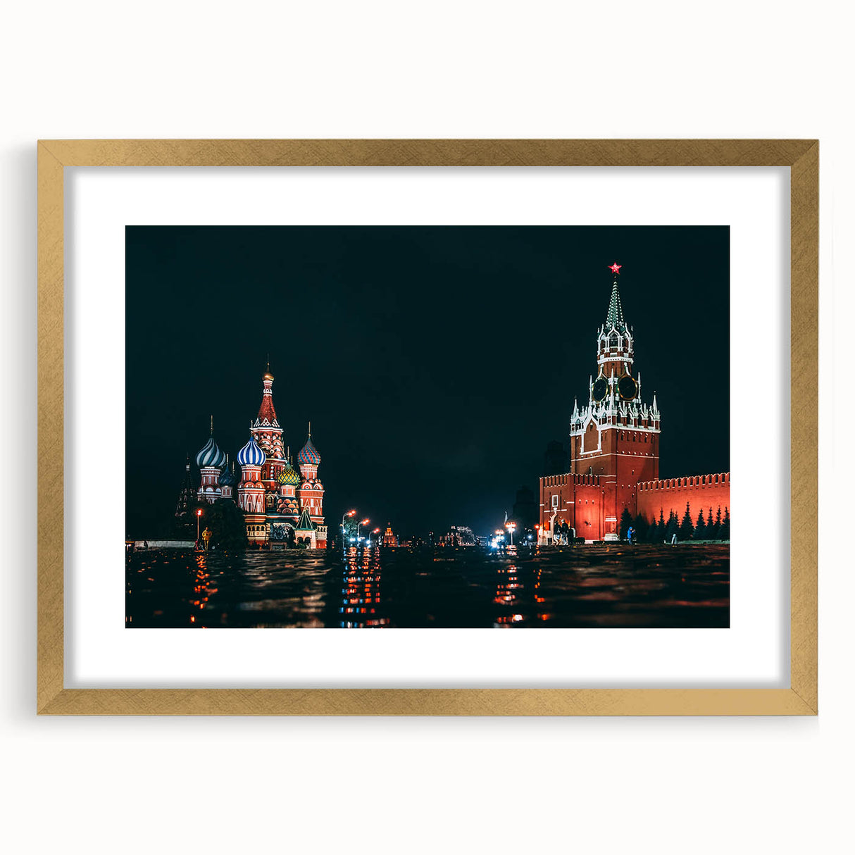 Abstract art print of Moscow skyline in muted gray and blue tones on a gold-framed canvas, suitable for dining room decor.