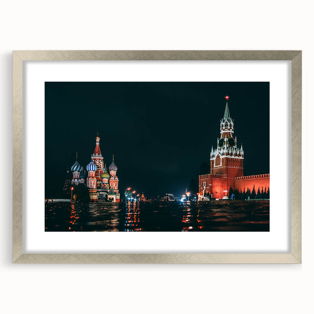 Extra large abstract art print of Moscow skyline in textured silver frame, ideal for living room decor.