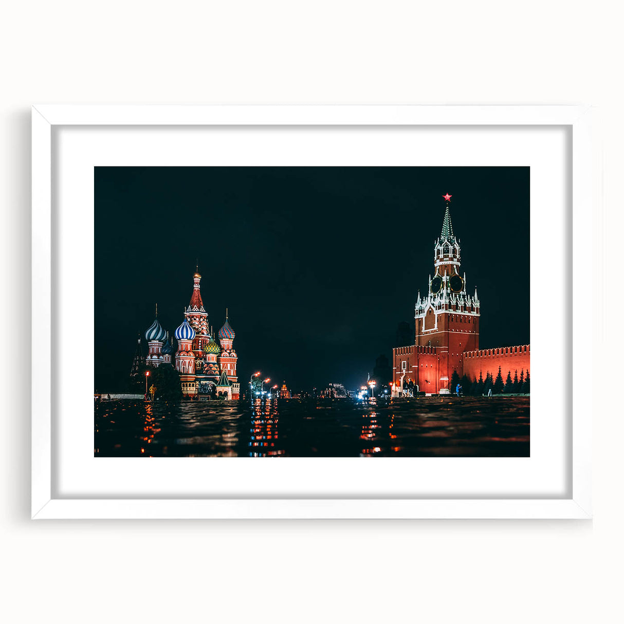Textured abstract art print of a Moscow cityscape in muted gray and blue tones, framed with a white mat.