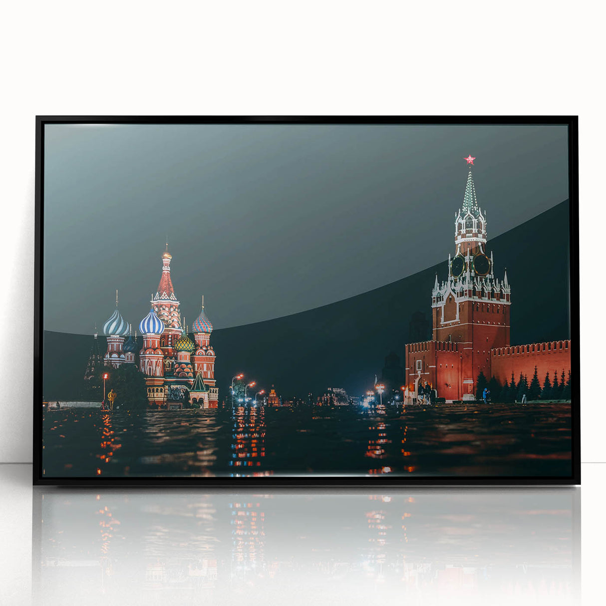 Large abstract wall art depicting a stylized Moscow skyline in muted gray and black tones on a framed acrylic.