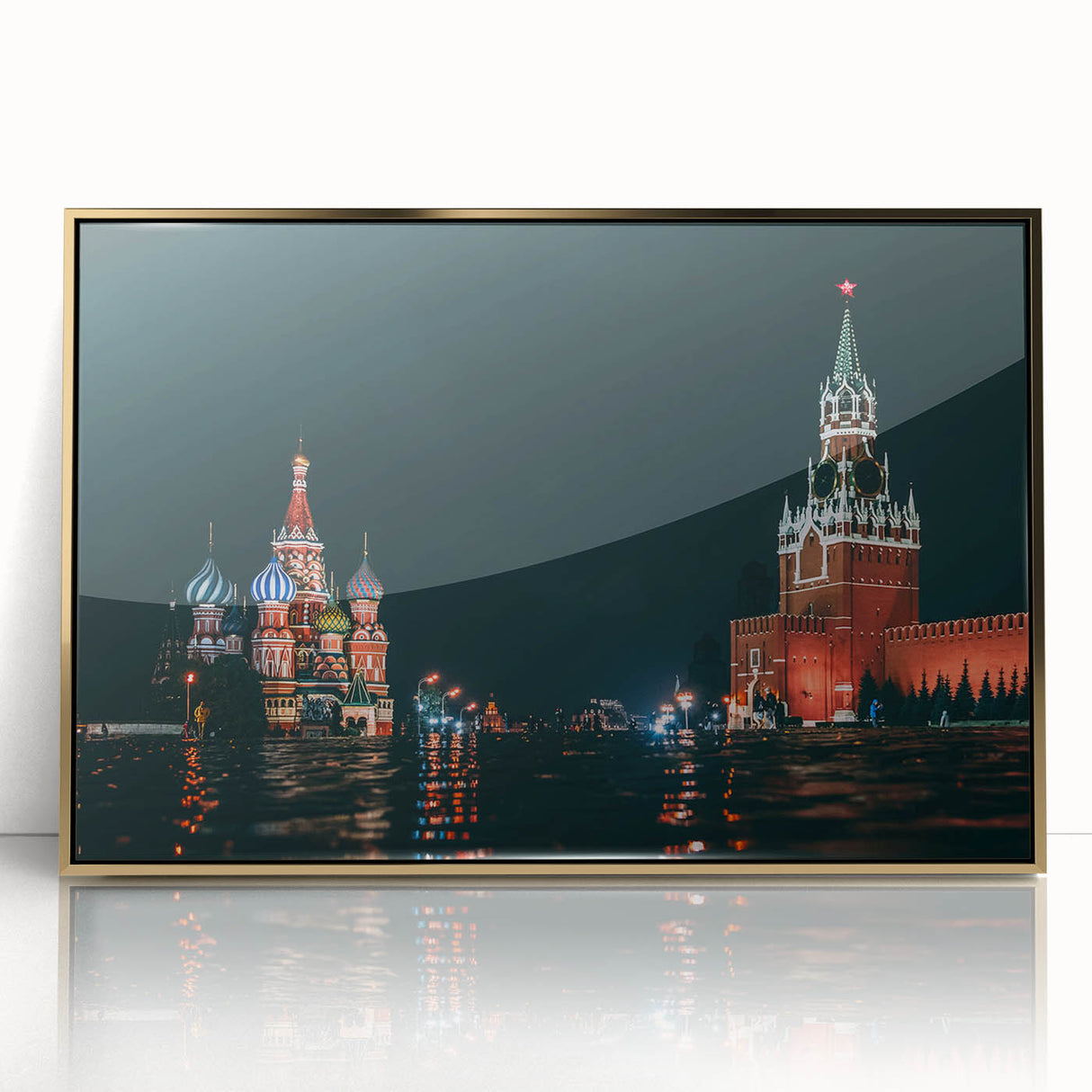 Art Deco poster of Moscow skyline in gold and black on acrylic, ideal for modern art wall decor.