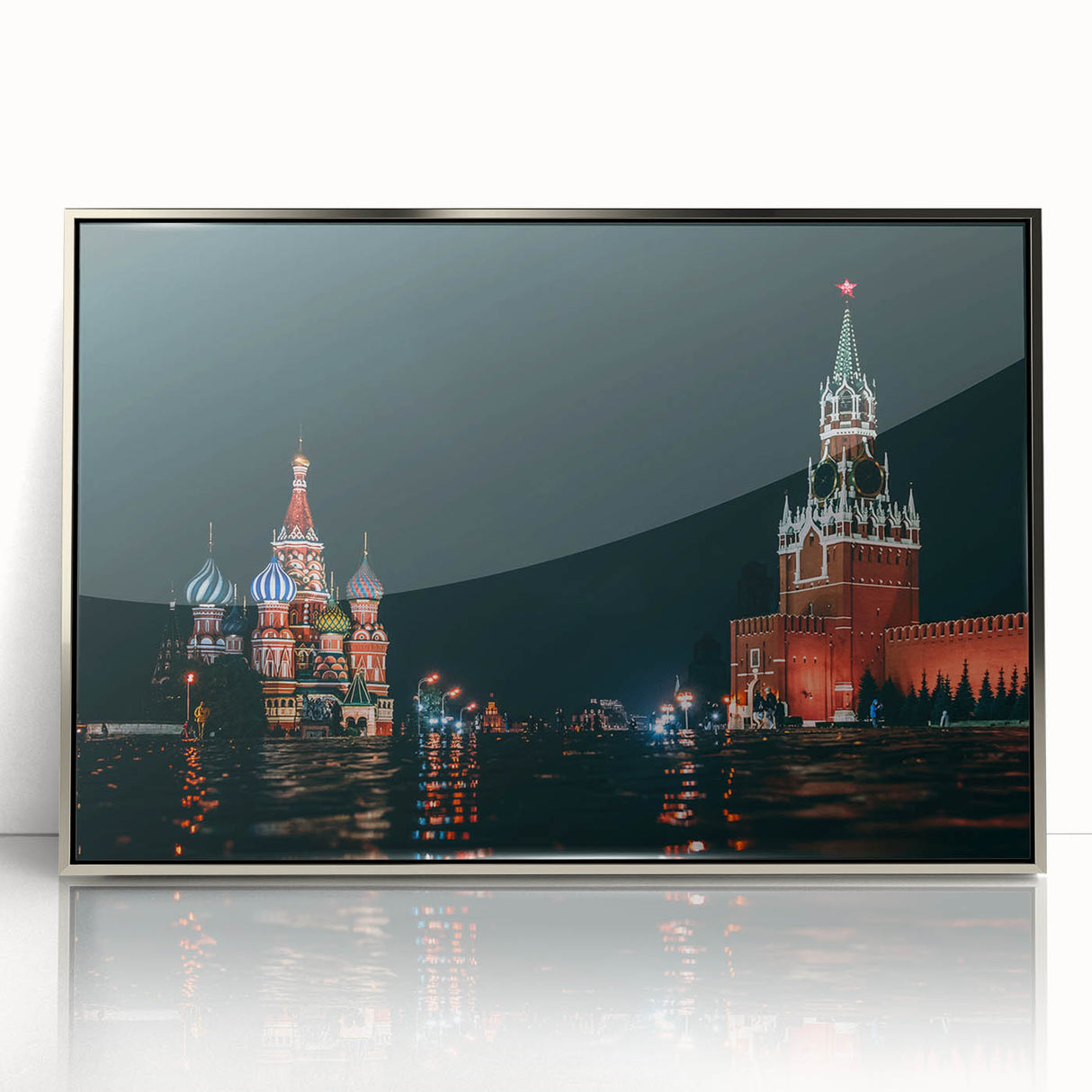 Large art print of Moscow skyline in muted silver tones on a framed acrylic, ideal for modern nursery wall decor.