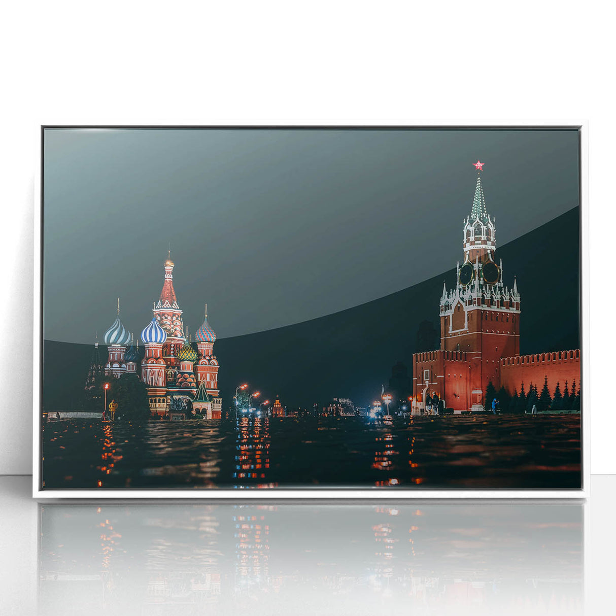 Mid-century modernist art of Moscow skyline in muted gray tones on a white framed acrylic, suitable for nursery wall art.