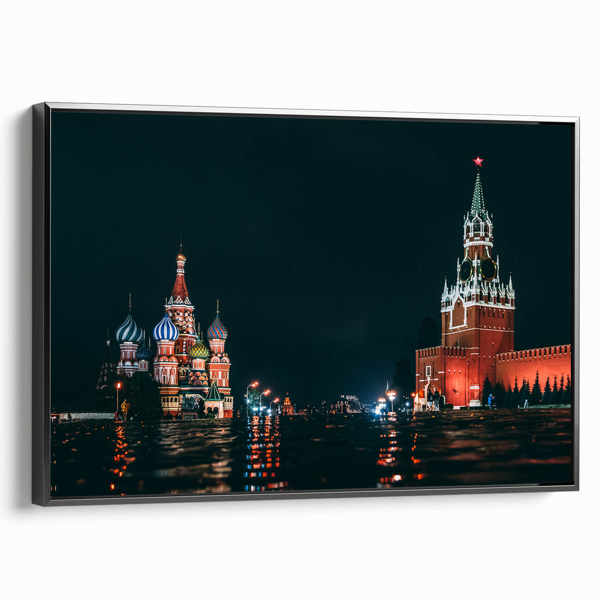 Black and white wall art featuring a vintage poster-style landscape of Moscow on a framed canvas, ideal for bedroom decor.