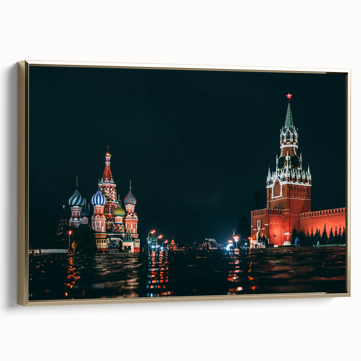 Framed canvas featuring a vintage-style landscape painting of Moscow with gold and black tones, ideal for bedroom wall art.
