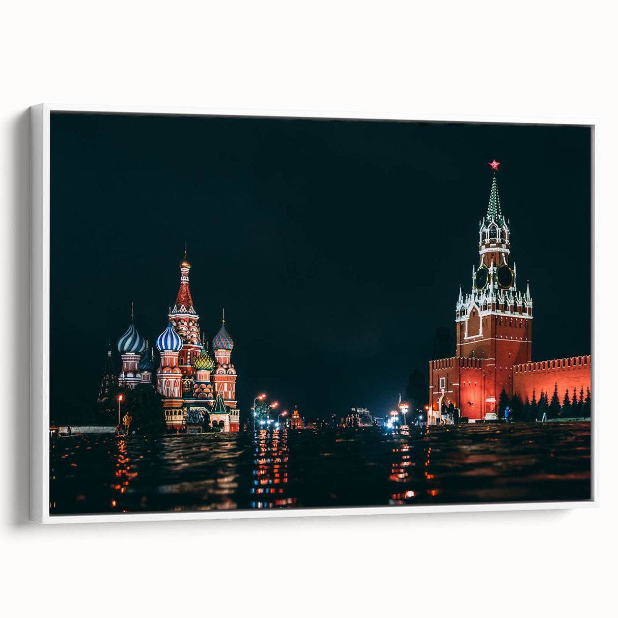 Vintage poster art of Moscow skyline in vibrant colors on a large framed canvas, ideal for living room decor.