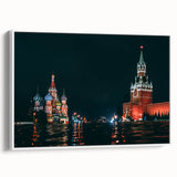 Vintage poster art of Moscow skyline in vibrant colors on a large framed canvas, ideal for living room decor.