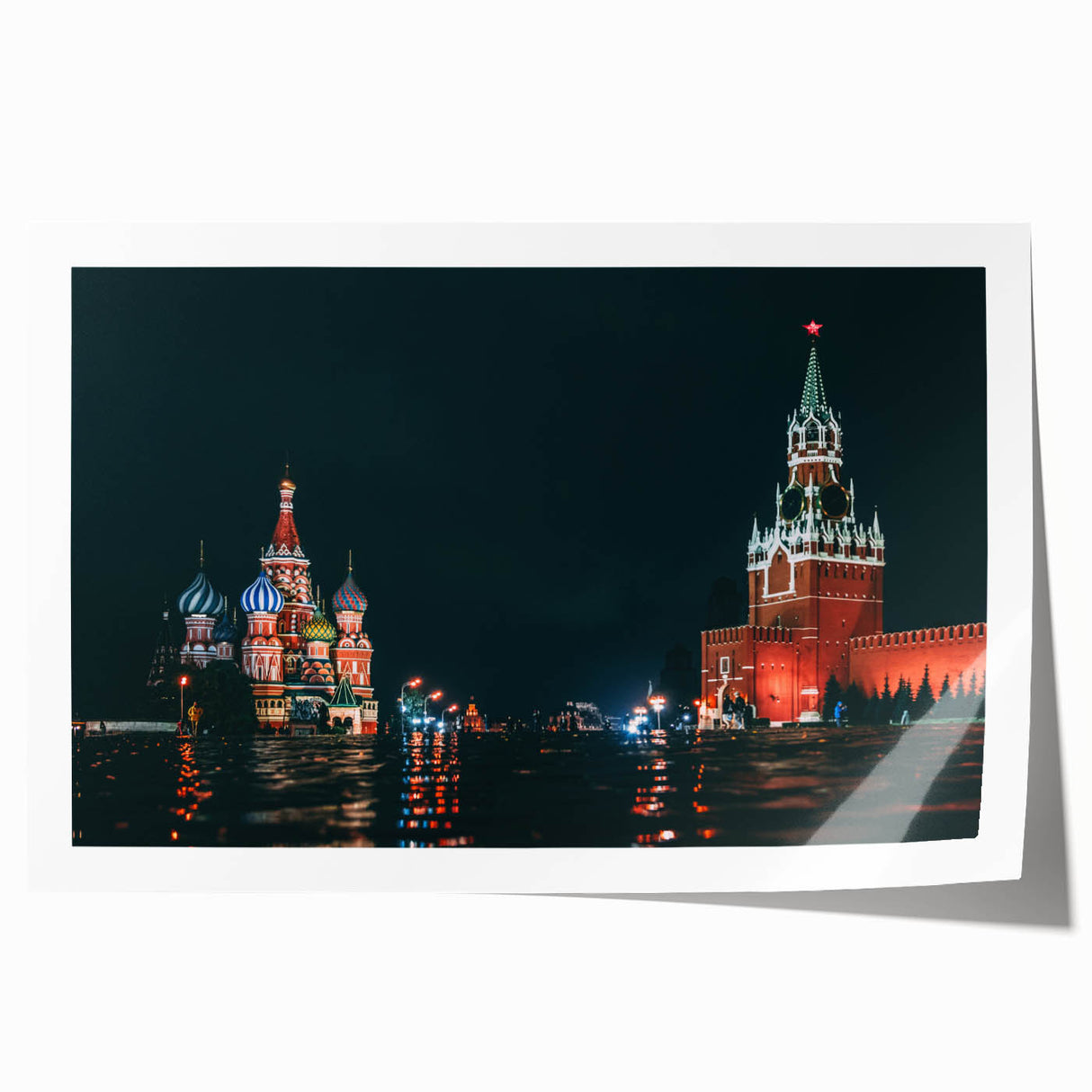 Large rolled print of a Moscow cityscape with muted earth tones, ideal for dining room wall art.
