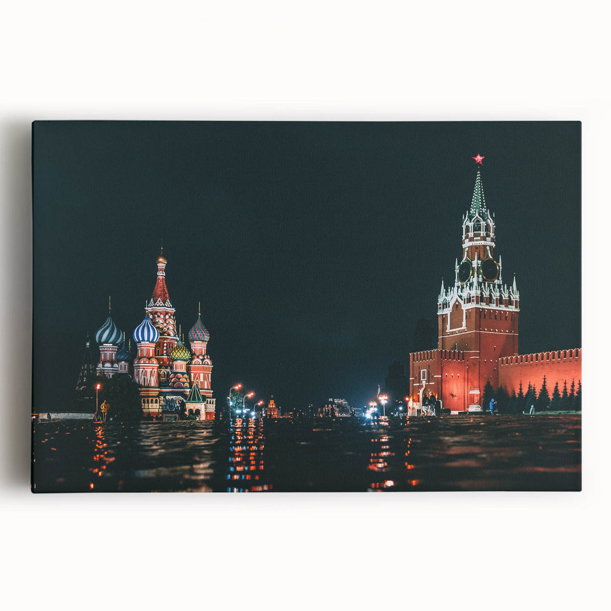 Black and white photograph of Moscow skyline on stretched canvas, ideal for kitchen wall art.