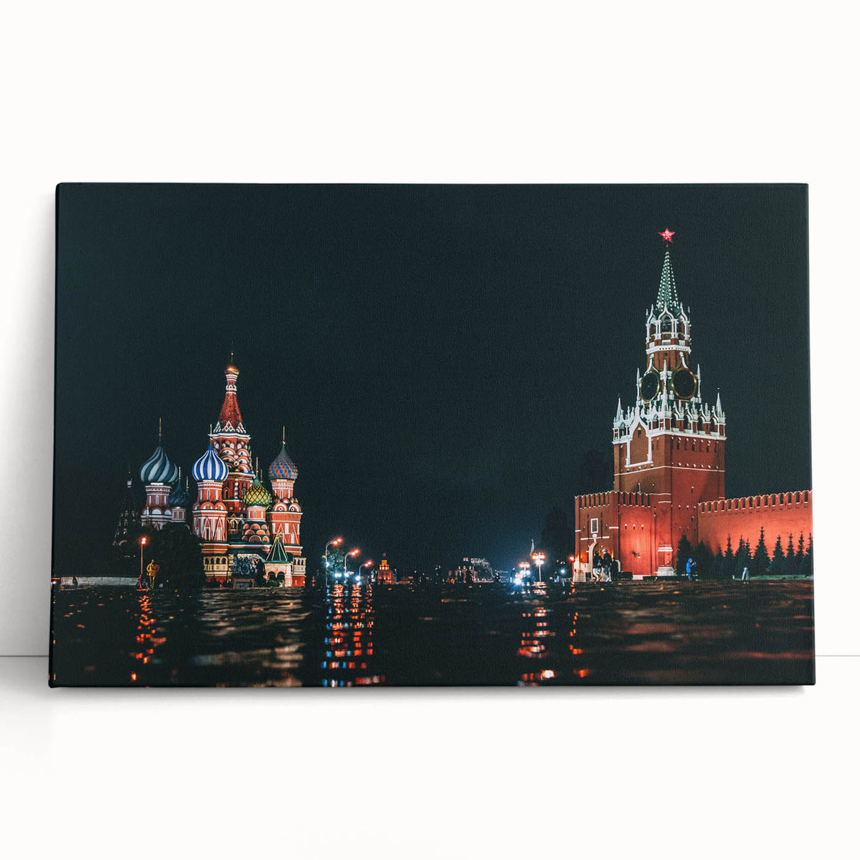 Black and white stretched canvas of Moscow skyline, ideal for kitchen wall art.