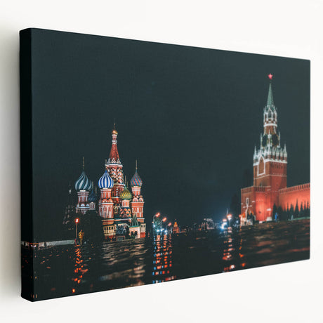 Side view of a large canvas print depicting a detailed Moscow cityscape in muted gray and blue tones.