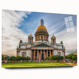 Large abstract depiction of a European city in muted blue and gray tones on acrylic glass.