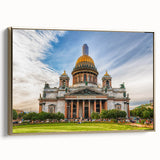 Framed canvas wall art featuring a vintage-style landscape painting of Saint Petersburg in muted gold and black tones.