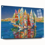 Acrylic print of a large abstract depiction of Sochi, featuring vibrant blue and green tones, ideal for dining room decor.