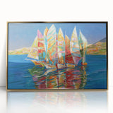 Framed acrylic print of Sochi landscape in art deco style featuring muted gold and blue tones.