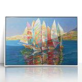 Mid-century modernist art depicting Sochi landscape in muted colors on framed acrylic, suitable for nursery wall art.