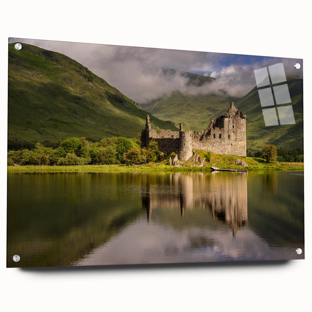 Acrylic print of a Scottish landscape, featuring muted green and blue tones, suitable for dining room decor.
