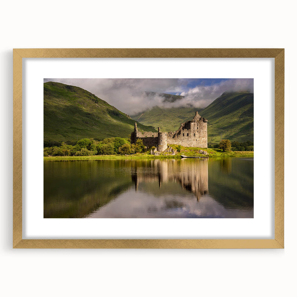 Abstract art print of a European landscape in muted earth tones, framed in gold, ideal for dining room decor.