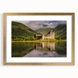 Abstract art print of a European landscape in muted earth tones, framed in gold, ideal for dining room decor.