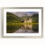 Extra large abstract art print of a textured Scottish landscape in muted earth tones, framed in silver.