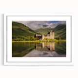 Textured abstract art print depicting a muted gray and blue Scottish landscape on a framed canvas, ideal for bedroom art.