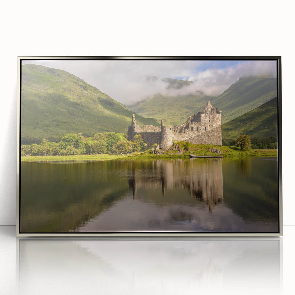 Large framed acrylic print of a Scottish landscape in muted earth tones, ideal for modern art wall decor.
