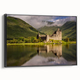 Black and white wall art featuring a vintage poster of a Scottish landscape on framed canvas, suitable for bedroom decor.