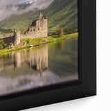 Extra large framed canvas featuring a textured black silhouette of a Scottish landscape, ideal for living room decor.