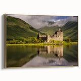 Landscape painting of Scottish highlands on framed canvas, featuring muted greens and blues, ideal for bedroom wall art.