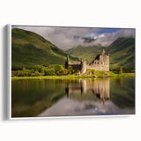 Vintage poster art of a Scottish landscape on framed canvas, featuring muted greens and blues, ideal for living room decor.