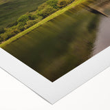 Art deco poster featuring a serene Scottish landscape in muted green and blue tones on rolled canvas.