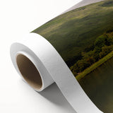 Art Deco style poster of a serene Scottish landscape in muted green and blue tones, rolled canvas.