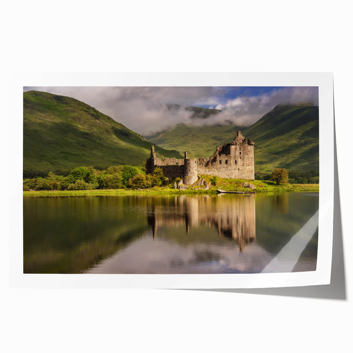 Extra large rolled print depicting a serene Scottish landscape in muted green and blue tones, ideal for art wall dining room.