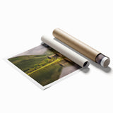 Scenic landscape of Scotland with vibrant green fields and blue skies on a large rolled canvas.