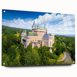 Acrylic print of a Slovakian landscape with lush greenery and a river, ideal for dining room decor.