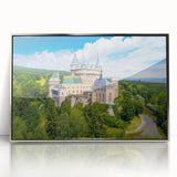 Large art print of a Slovakian landscape in muted earth tones, framed in silver acrylic, suitable for modern nursery decor.