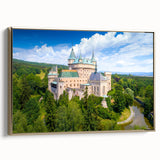 Framed canvas of a vintage-style Slovakian landscape in muted gold and black tones, ideal for bedroom wall art.